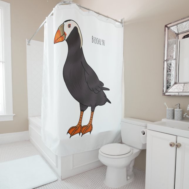 Tufted puffin bird cartoon illustration shower curtain (In Situ)