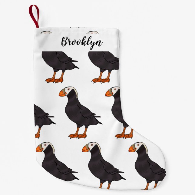 Tufted puffin bird cartoon illustration small christmas stocking (Front)