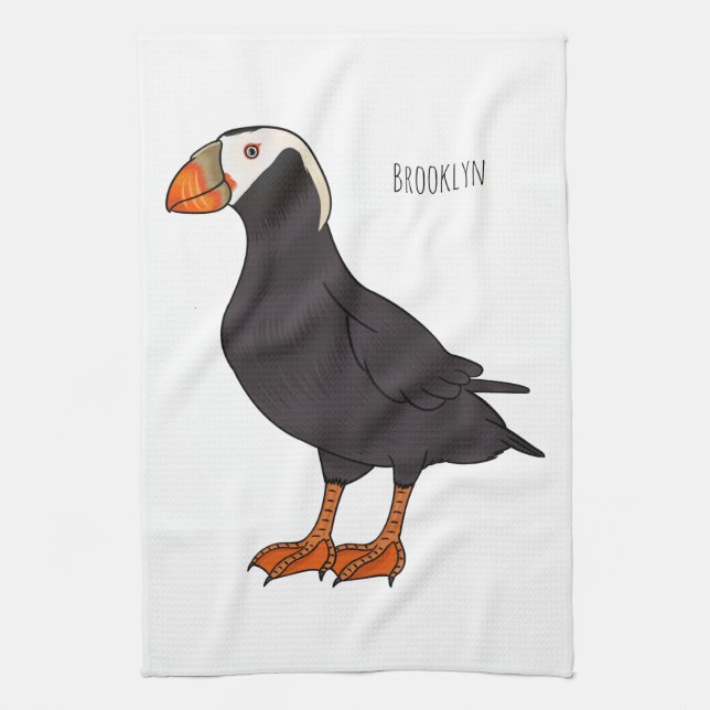 Tufted puffin bird cartoon illustration  tea towel (Vertical)