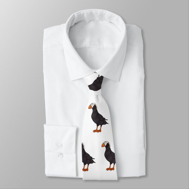 Tufted puffin bird cartoon illustration tie (Tied)