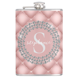 Tufted Sparkly Diamonds Blush Pink Monogram  Hip Flask