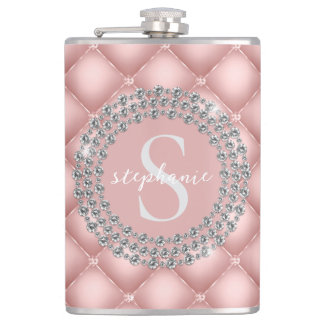 Tufted Sparkly Diamonds Blush Pink Monogram Hip Flask