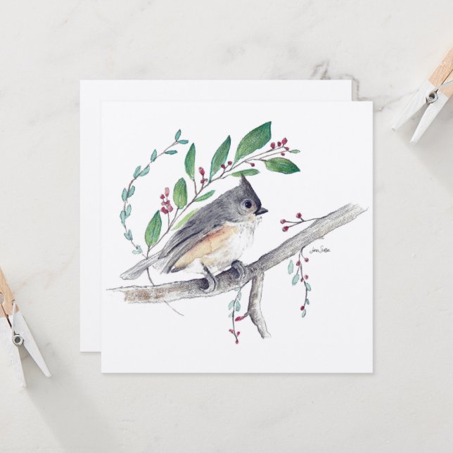 Tufted Titmouse Bird Art Card (Front/Back In Situ)