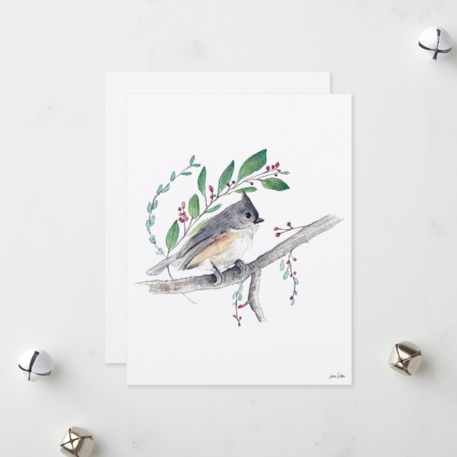 Tufted Titmouse Bird Art Holiday Card (Front/Back In Situ)