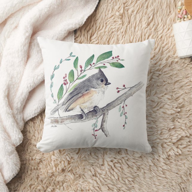 Tufted Titmouse Bird Watercolor Art Throw Pillow (Blanket)