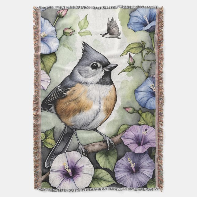 Tufted Titmouse Morning Glory Flower Vines titmice Throw Blanket (Front Vertical)