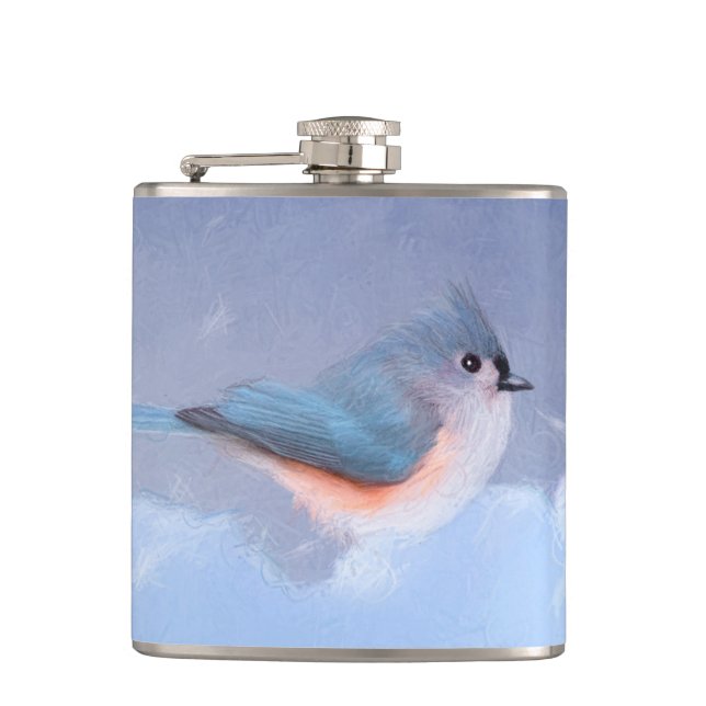 Tufted Titmouse Painting - Cute Original Dog Art Hip Flask (Front)