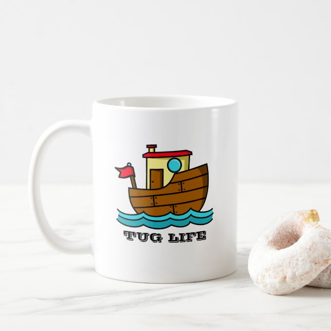 Tug Life Cartoon Tugboat Personalised  Coffee Mug (With Donut)
