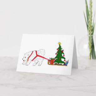 Tug the Samoyed pulling Christmas Tree Holiday Card
