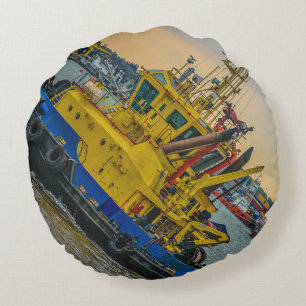 Tugboat sailing at river, montevideo, uruguay round cushion