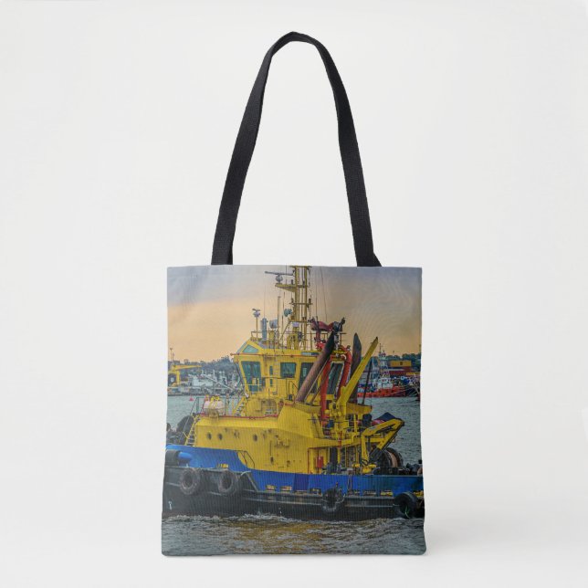 Tugboat sailing at river, montevideo, uruguay tote bag (Front)