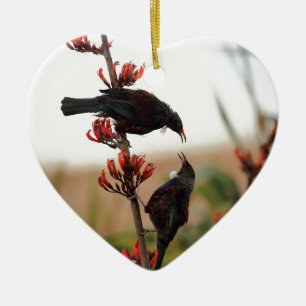 Tui birds on New Zealand flax bush Ceramic Tree Decoration