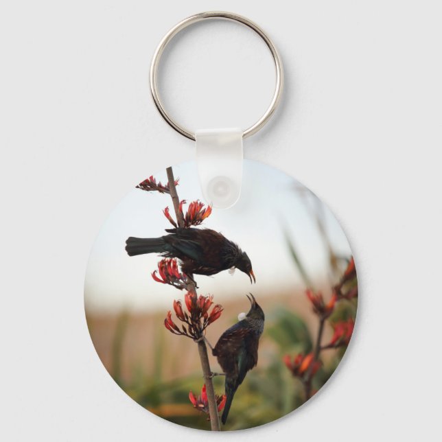 Tui birds on New Zealand flax bush Key Ring (Front)