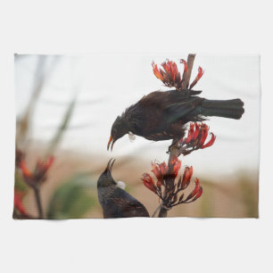 Tui birds on New Zealand flax Tea Towel