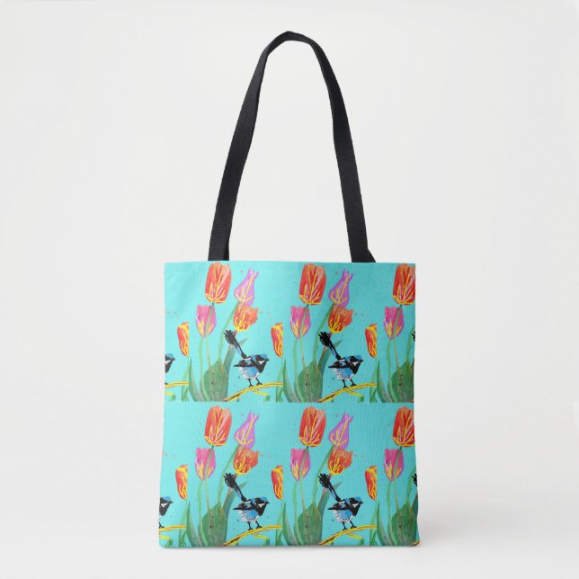 Tulip and Blue Wren Blue Floral Birthday Girl Bag (Front)