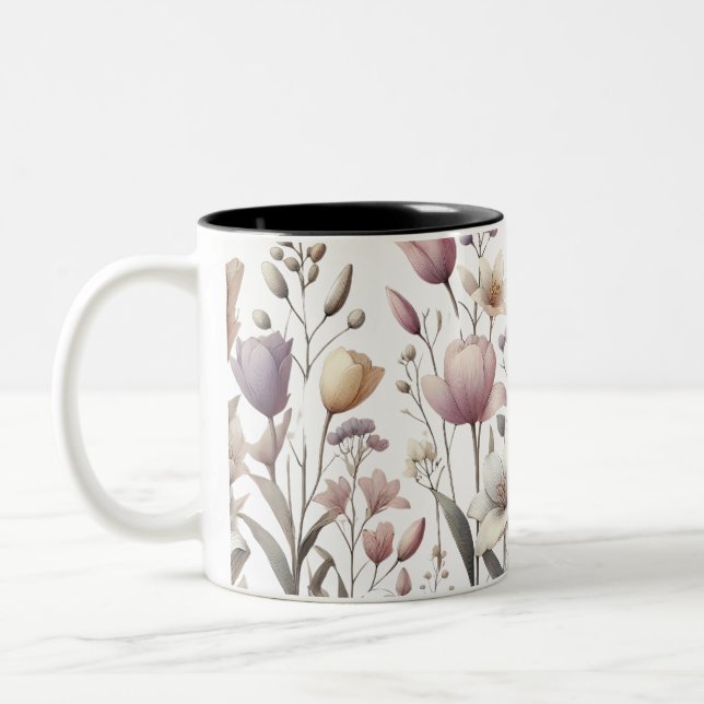 Tulip and Lily Soft Floral Pattern Two-Tone Coffee Mug (Left)