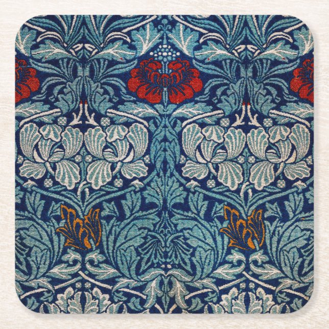 Tulip and Rose, William Morris Square Paper Coaster (Front)