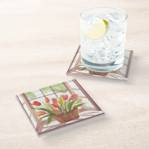Tulip Basket Floral Watercolor Window Painting Glass Coaster