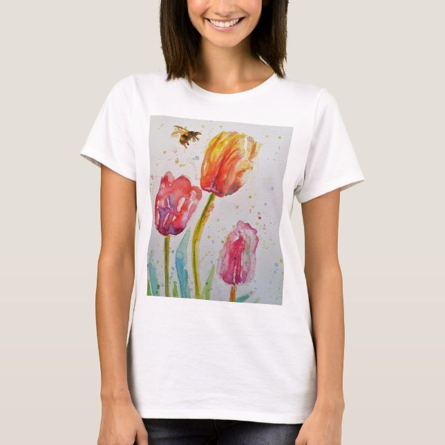 Tulip Bee Floral Flower Watercolor Womens T Shirt (Front)