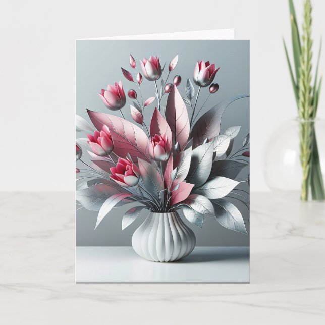 Tulip Birthday Bouquet With Silver Leaves Card (Front)