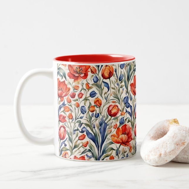 Tulip Bloomers WC Pattern Design Two-Tone Coffee Mug (With Donut)