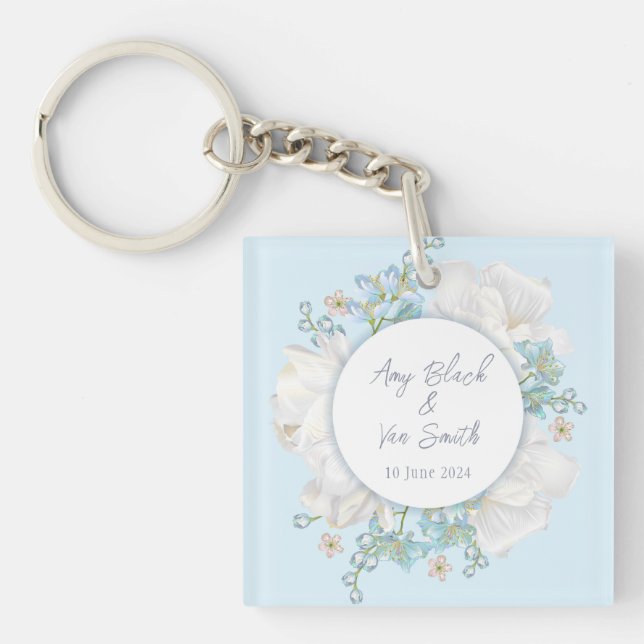 Tulip Blue Floral Wedding Key Ring (Front)