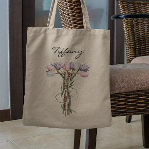 Tulip Bouquet Letter T Floral Monogram Custom Name Tote Bag