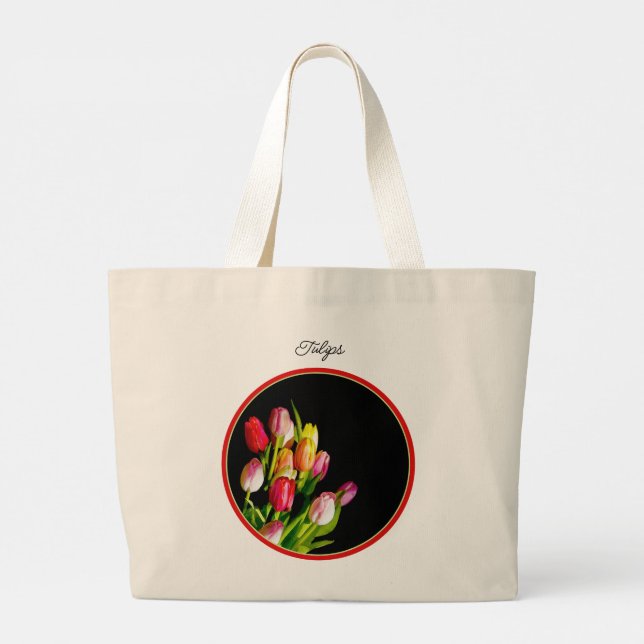 Tulip Bouquet Painting Original Garden Flower Art Large Tote Bag (Back)