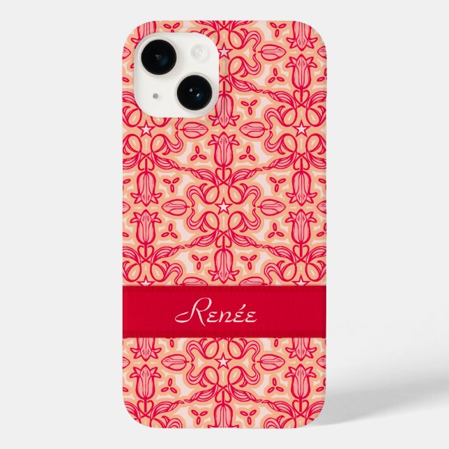 Tulip damask pattern red orange name Case-Mate iPhone case (Back)