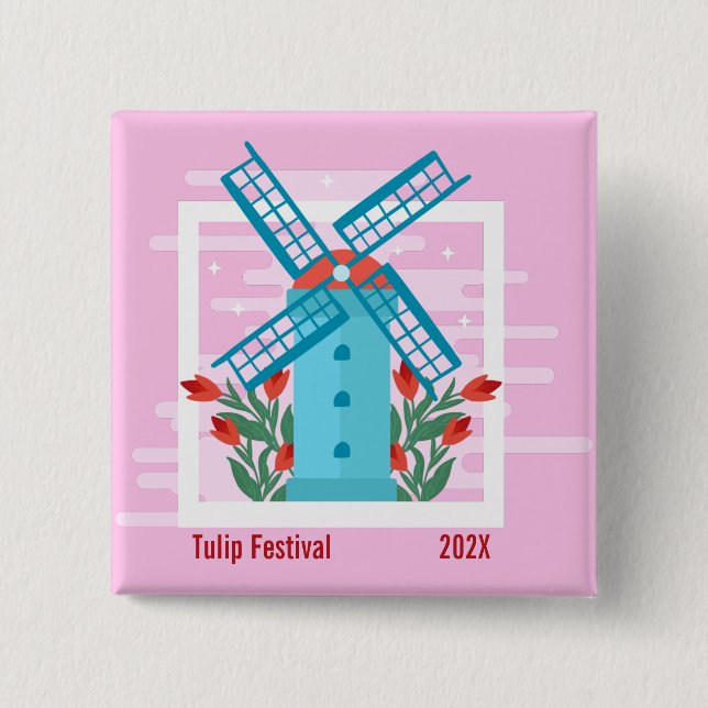 Tulip Festival, Blue Windmill, Red Tulips 15 Cm Square Badge (Front)