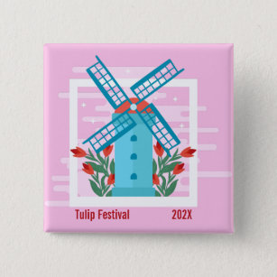 Tulip Festival, Blue Windmill, Red Tulips 15 Cm Square Badge