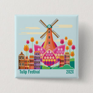 Tulip Festival, Windmill, Tulips 15 Cm Square Badge