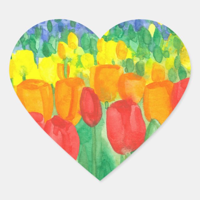 Tulip Field Rainbow Colours Heart Sticker (Front)