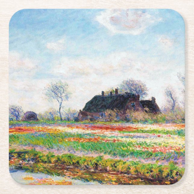 Tulip Fields in the Netherlands, Monet Square Paper Coaster (Front)