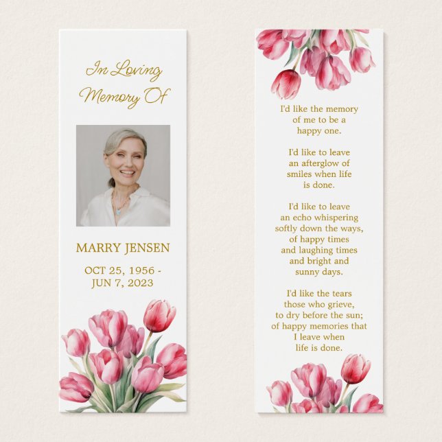 Tulip Floral Photo Funeral Memorial Bookmark (Front & Back)