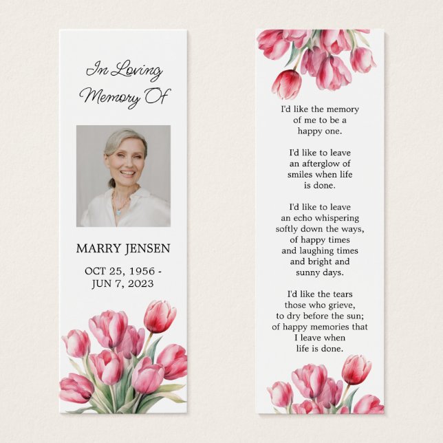 Tulip Floral Photo Funeral Memorial Bookmark (Front & Back)