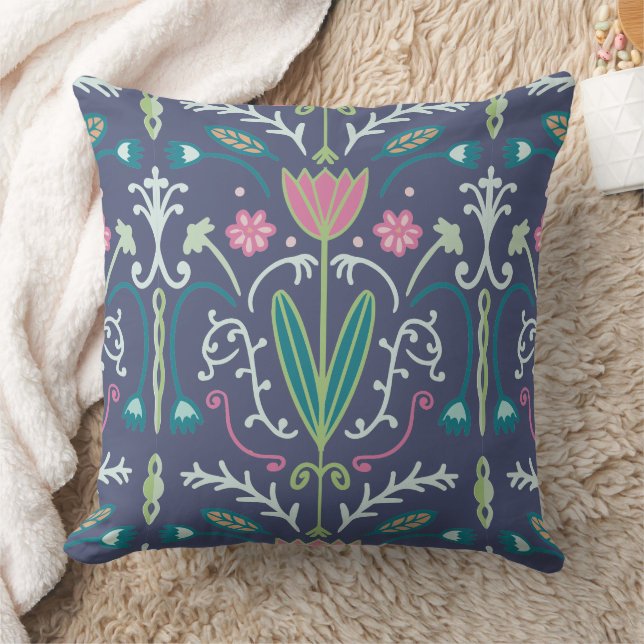 Tulip Floral Pink Green Dark Blue Cushion (Blanket)