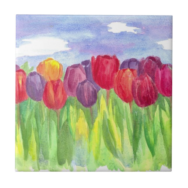 Tulip Flower Field Rainbow Watercolors Tile (Front)