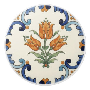 Tulip Flower Mediterranean Blue Orange Cream Ceramic Knob