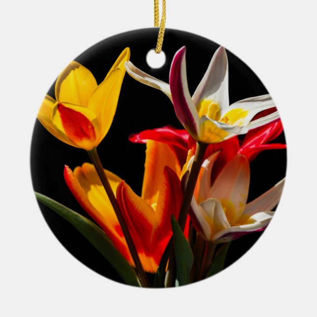 Tulip flowers against black background ceramic tree decoration (Front)