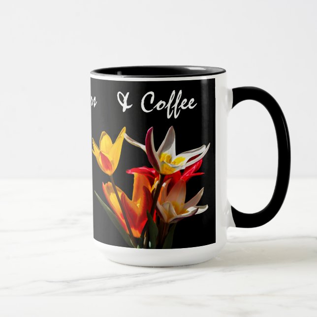 Tulip flowers against black background mug (Right)