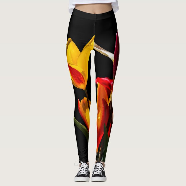 Tulip flowers black background leggings (Front)