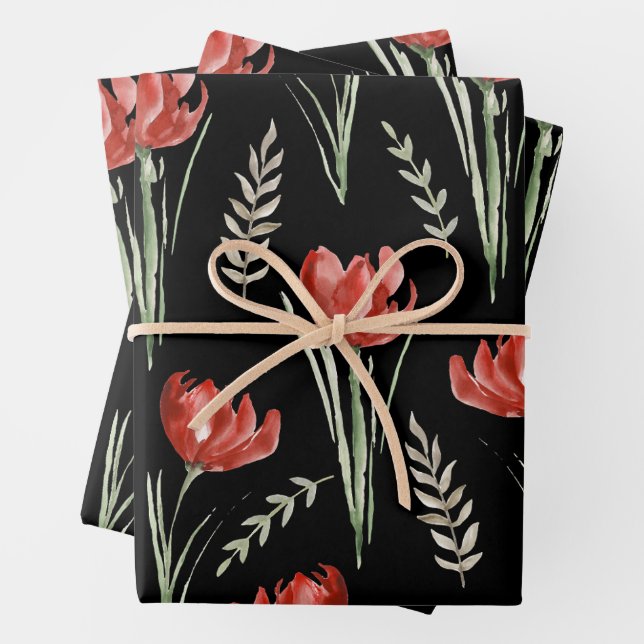 Tulip Flowers Botanical Watercolor Black Wrapping Paper Sheet (In situ)