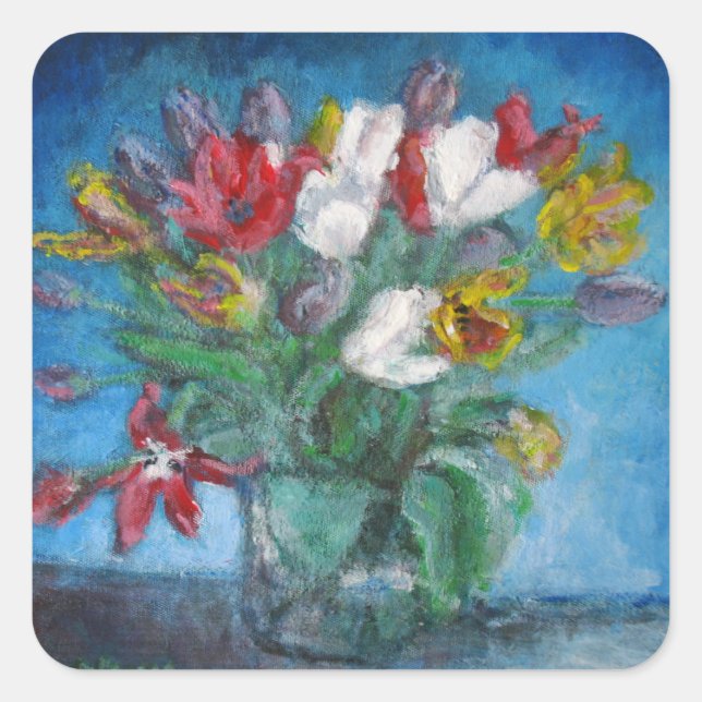 Tulip Flowers Bouquet Vase Floral Square Sticker (Front)
