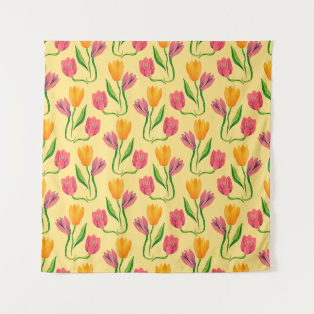 Tulip flowers watercolor seamless pattern tapestry (Front)