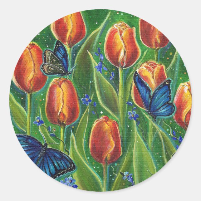 Tulip flowers with butterflies by Renee Lavoie Classic Round Sticker (Front)