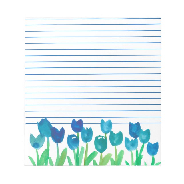Tulip Garden Blue Watercolor Flowers Lined Notepad (Front)