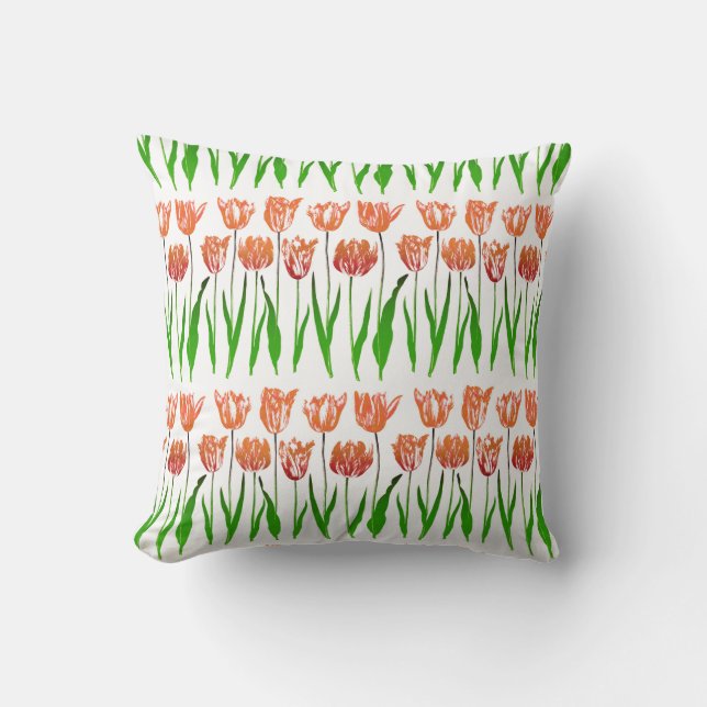 Tulip Garden Floral Print, Coral Orange and Green Cushion (Front)