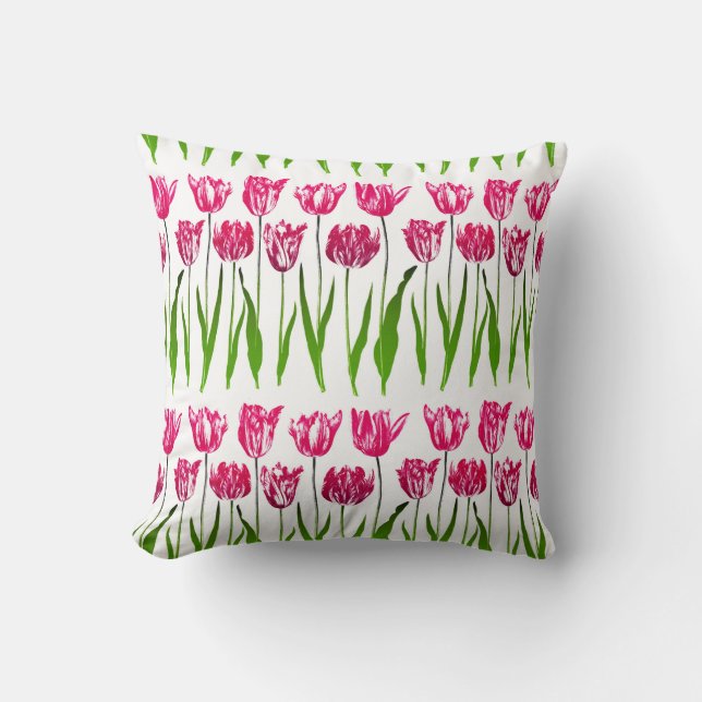 Tulip Garden Floral Print, Fuchsia Pink and Green Cushion (Front)