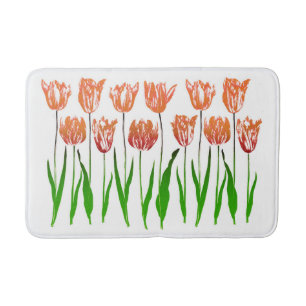 Tulip Garden Print in Coral Orange and Green Bath Mat